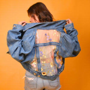 Floral Embroidered Mesh Jacket – Blue Denim with Vibrant Floral Accents