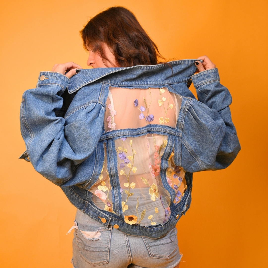Floral Embroidered Mesh Jacket – Blue Denim with Vibrant Floral Accents