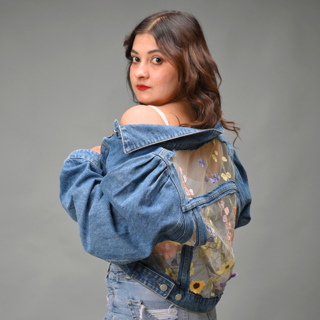 Floral Embroidered Mesh Jacket – Blue Denim with Vibrant Floral Accents