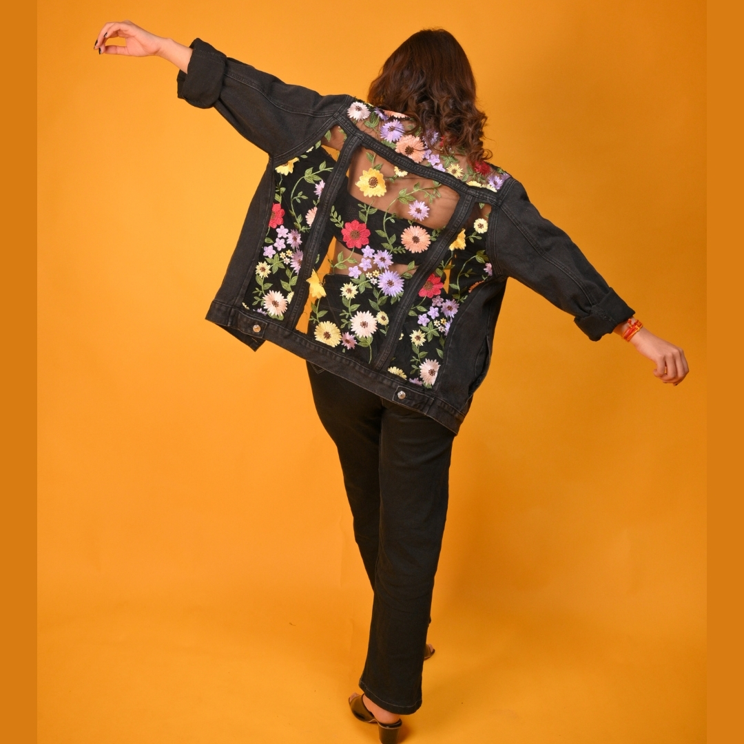 Floral Embroidered Mesh Insert Boyfriend Denim Jacket