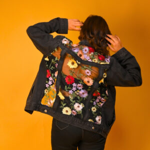 Floral Embroidered Mesh Insert Boyfriend Denim Jacket