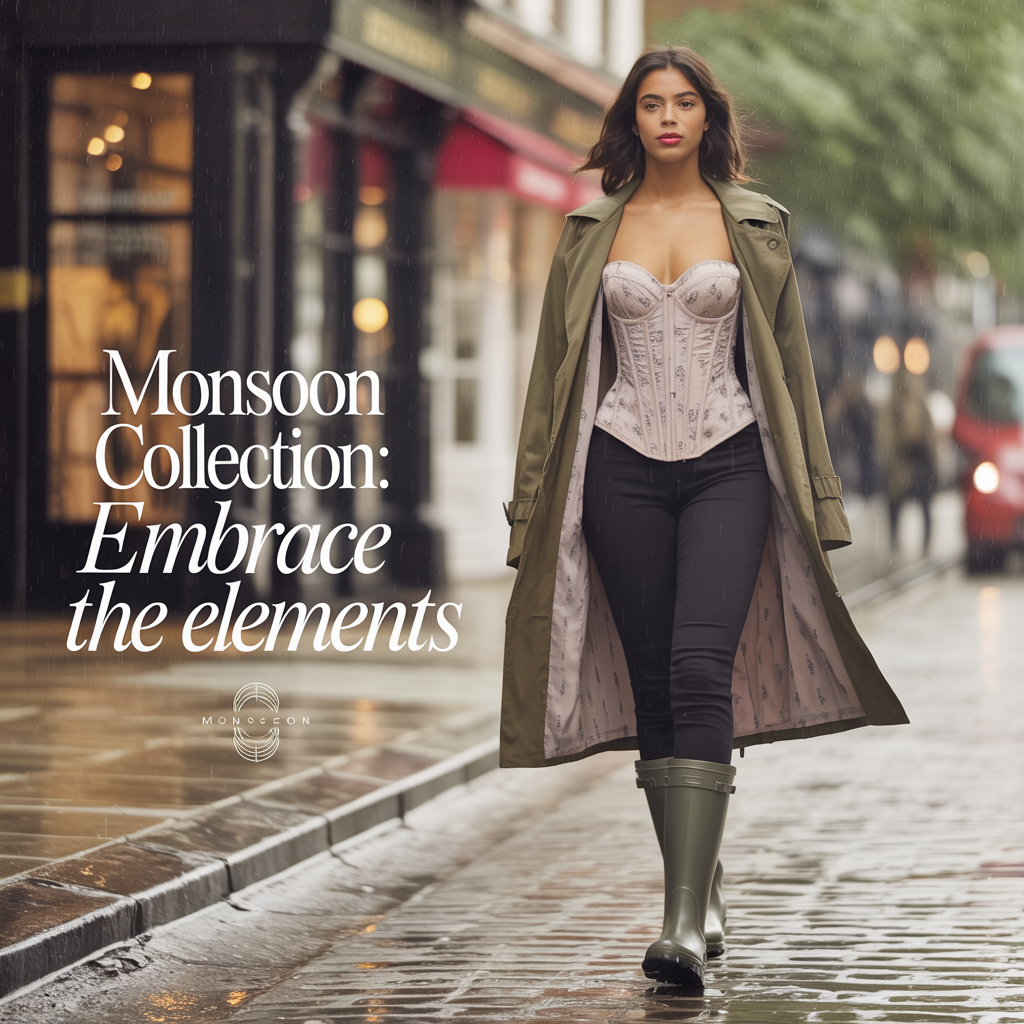 Woman wearing a stylish floral corset top with a trench coat and rain boots, walking on a wet street. Showcasing Bithsha’s Monsoon Collection – trendy corset tops for rainy days.